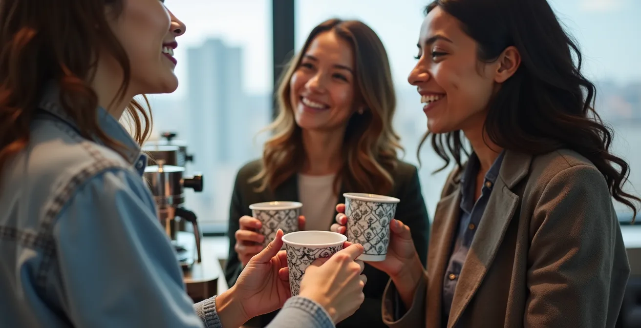 Office employee using branded reusable mug at coffee station