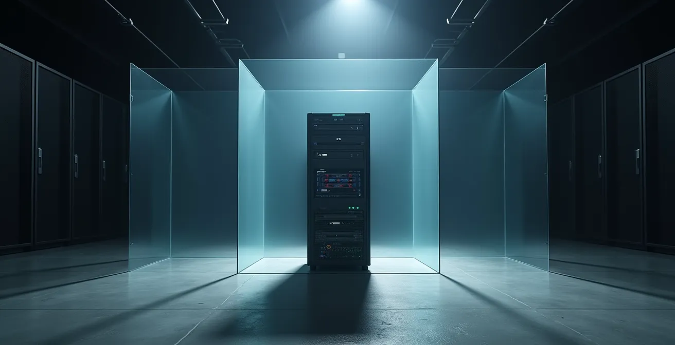 Isolated backup server room with physical security barriers and network segmentation visible