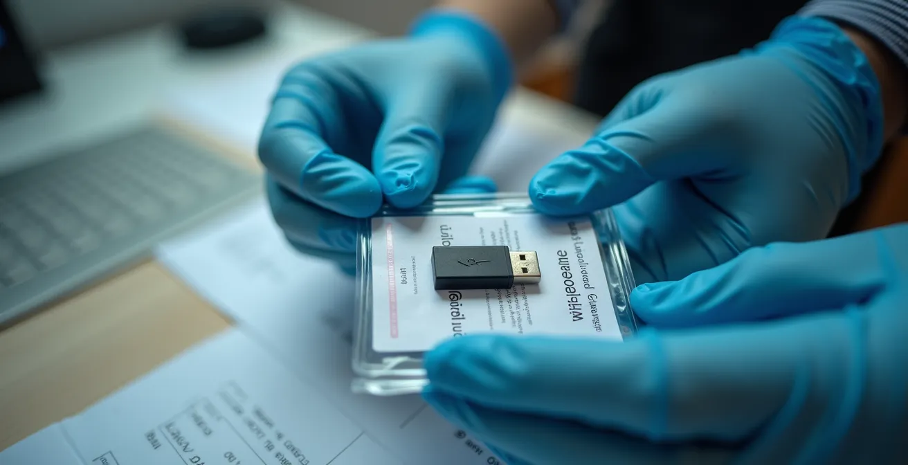 Close-up of security professional documenting digital evidence transfer with proper timestamp verification