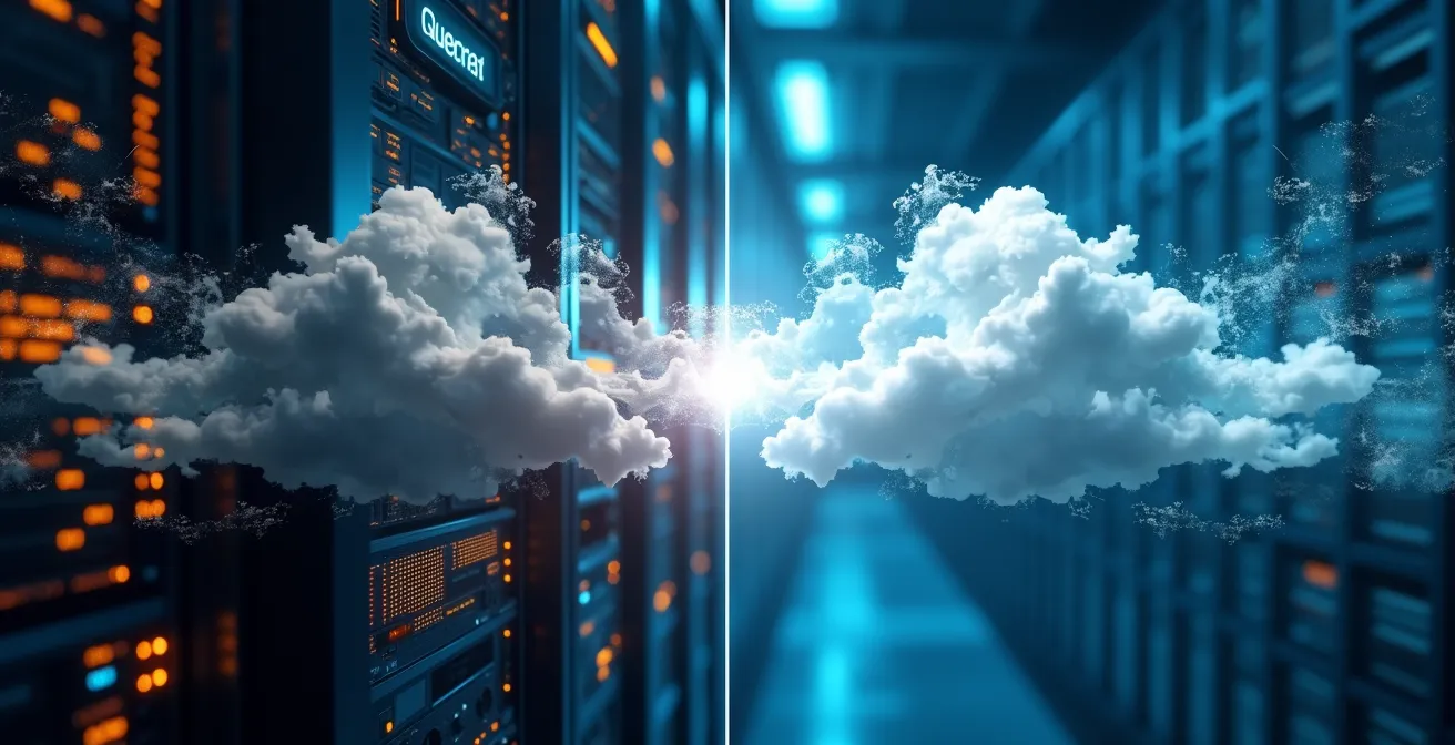 Split composition showing local SFTP server architecture versus cloud infrastructure