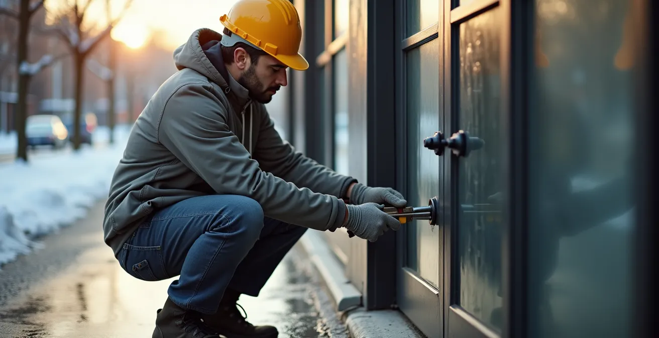 Professional examining security door anchor points during spring inspection