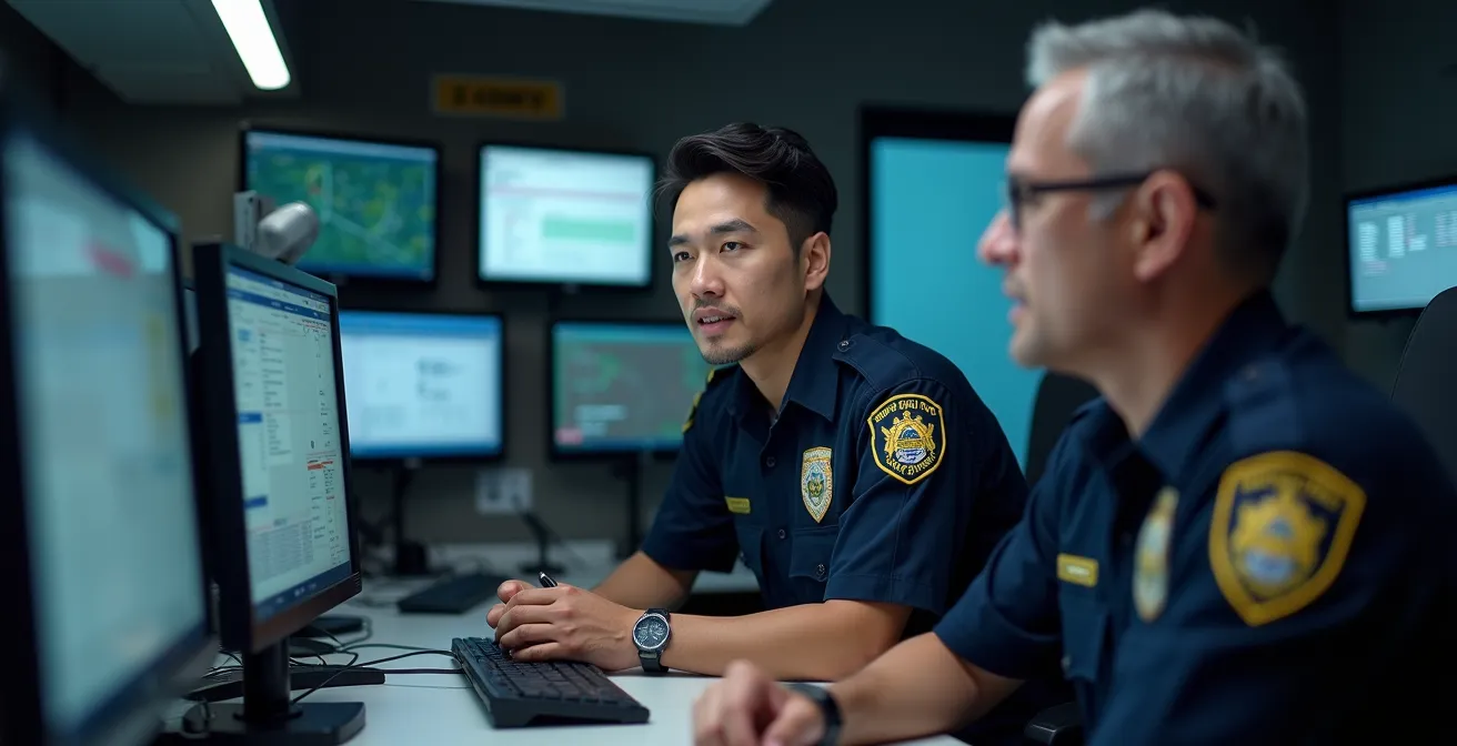 Professional command and control center setup for Montreal outdoor event showing coordination between private and public security