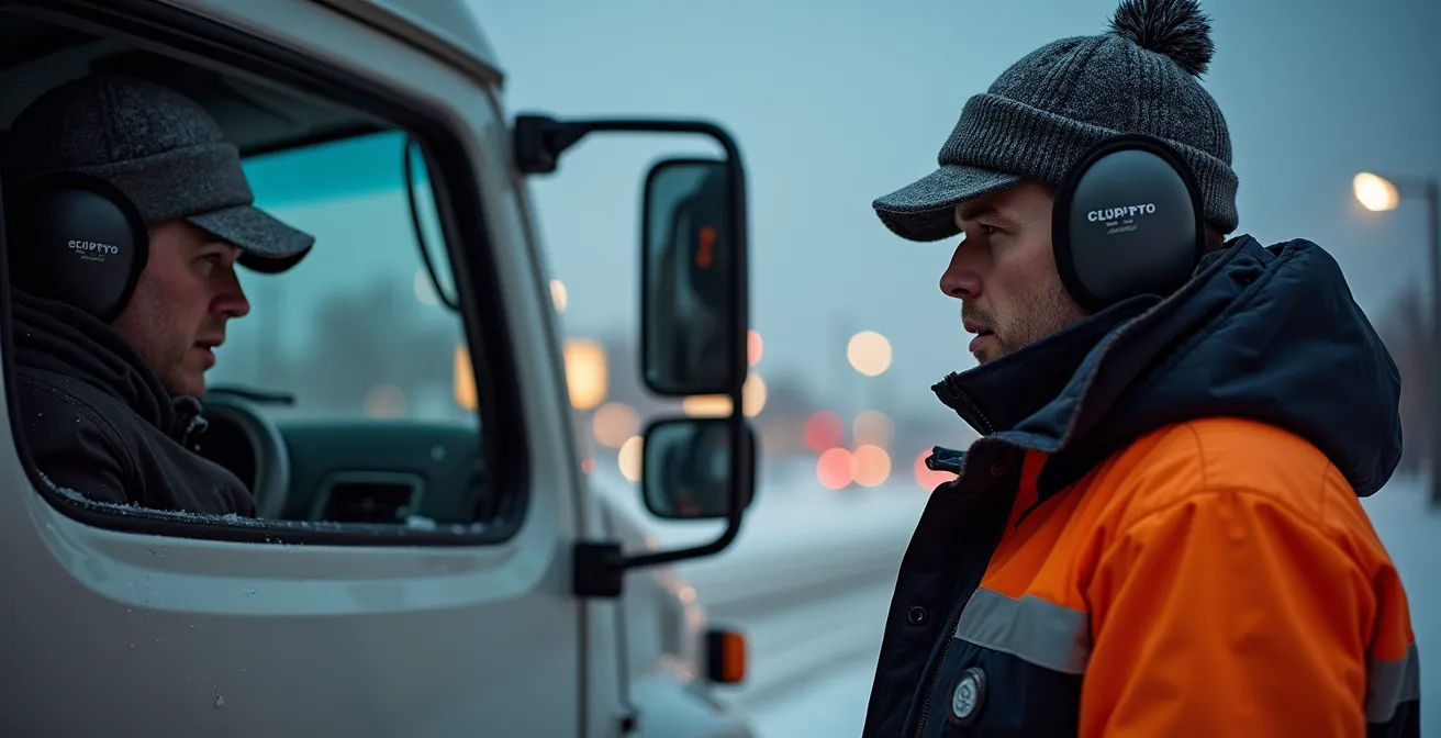 Security officer engaging with truck driver at checkpoint during de-escalation scenario