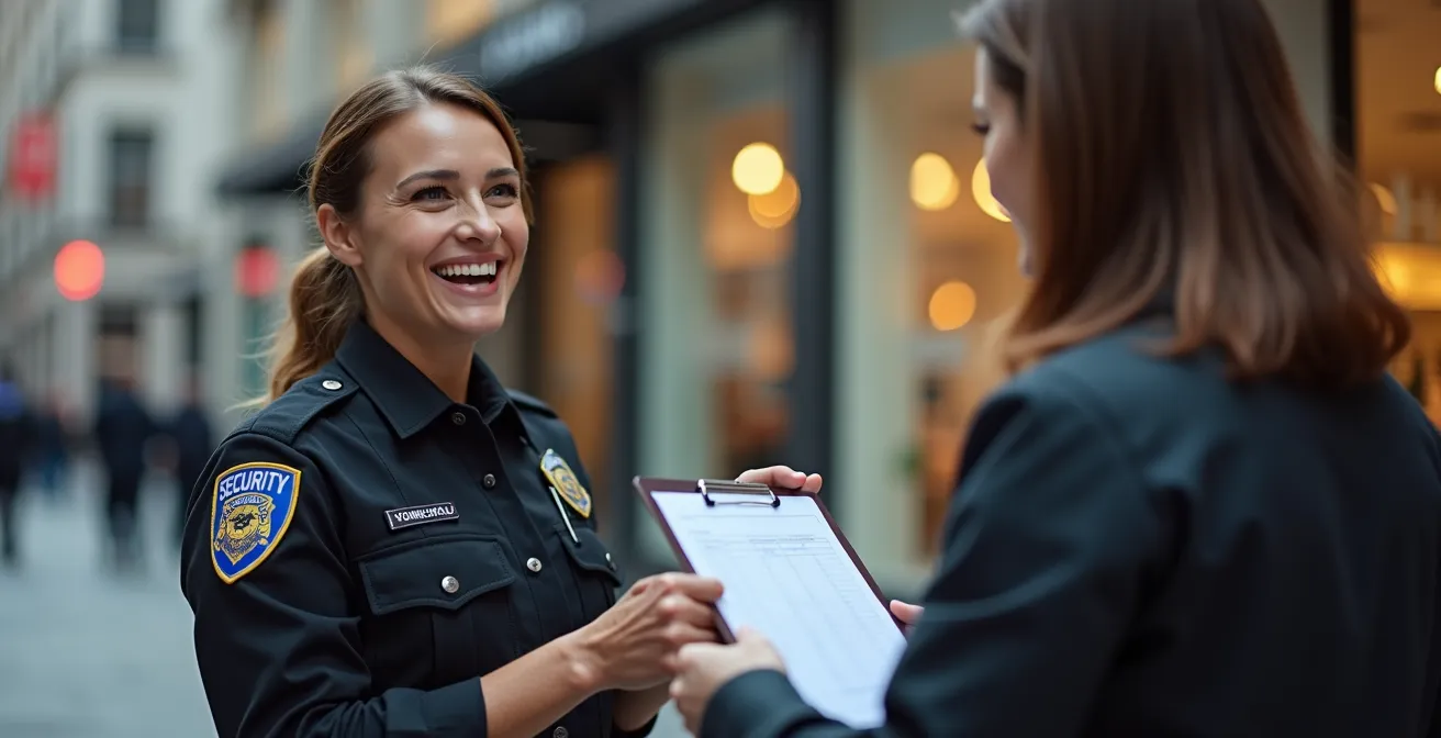 Security professional monitoring multiple performance metrics in downtown Montreal retail environment