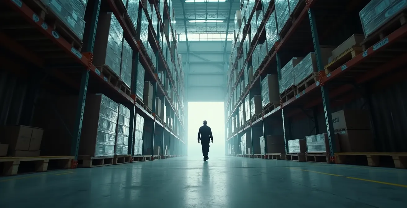 Wide shot of security guard walking through Montreal warehouse with strategic lighting