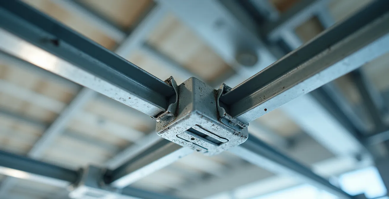Detailed view of seismic bracing system for suspended ceilings
