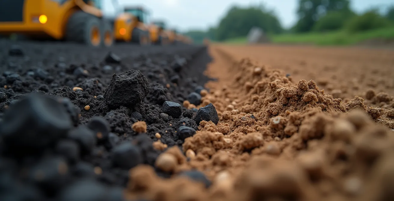 Macro view of contaminated soil being processed through remediation equipment at a Montreal site