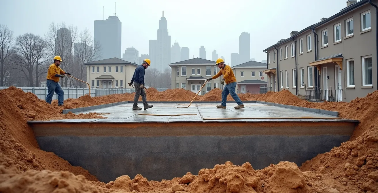 Wide environmental shot of vapor barrier system installation at an urban construction site