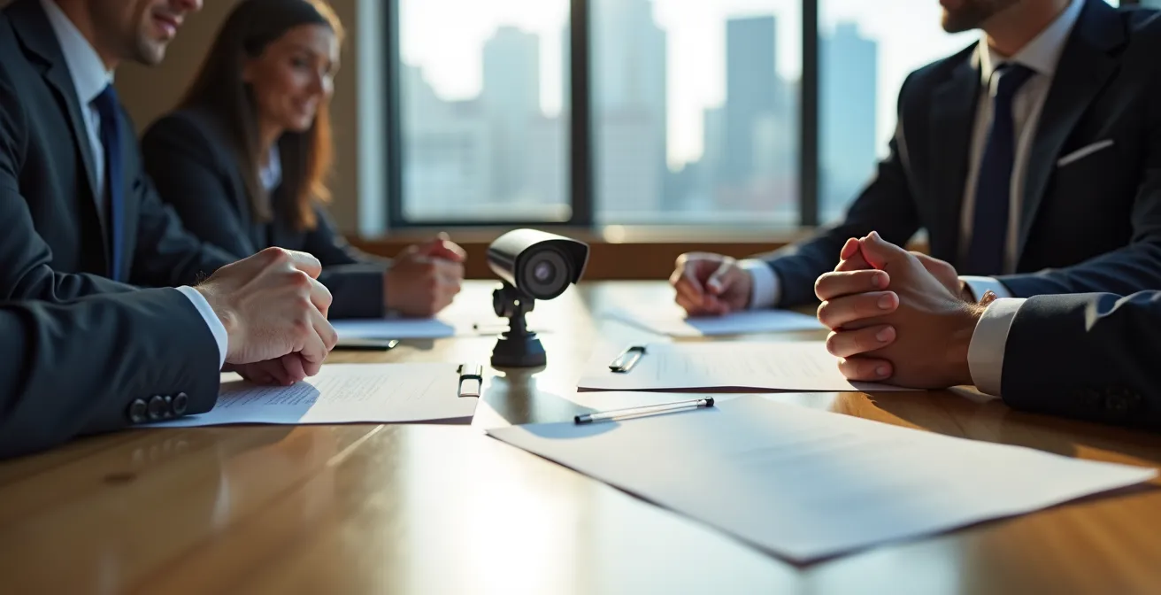 Professional negotiation meeting between union representatives and management discussing workplace surveillance policy in a Montreal boardroom