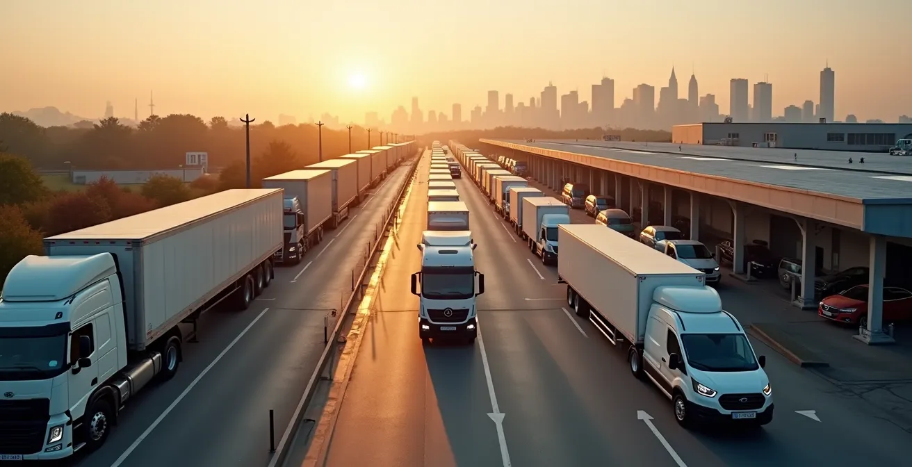 Aerial view of urban consolidation center with Montreal cityscape in background