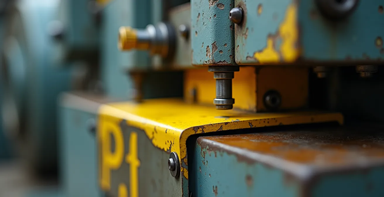 Close-up detail of retrofitted safety mechanisms on vintage industrial machinery