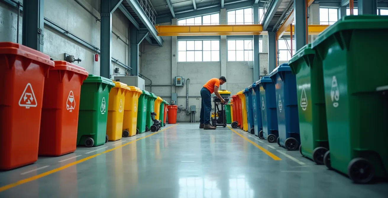 Wide angle view of industrial waste accumulation area with measurement systems
