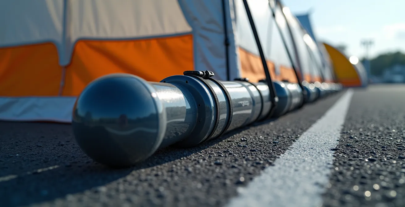 Professional tent anchoring setup using water ballast systems on asphalt surface at Montreal outdoor event