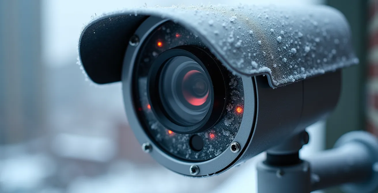 Macro shot of professional surveillance camera lens with ice crystals and heating element visible