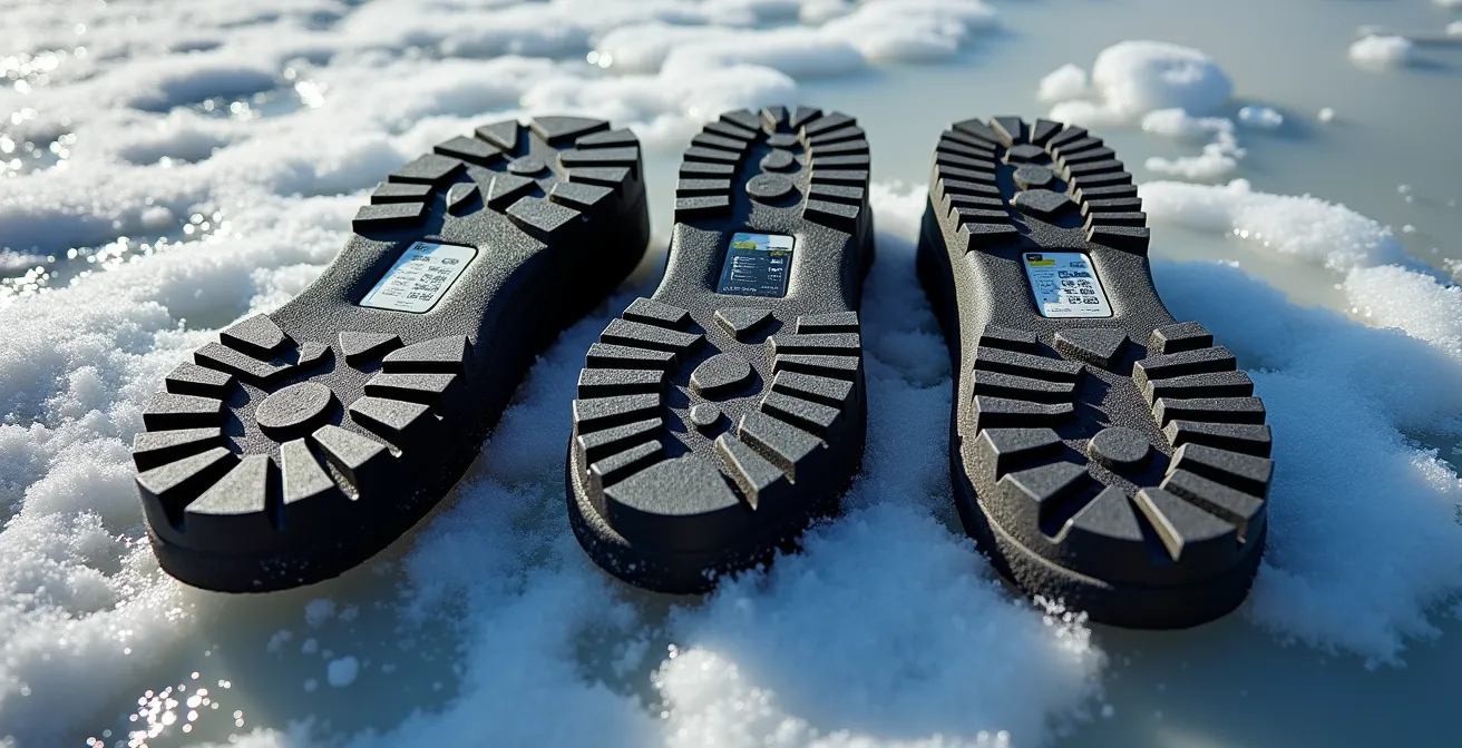 Close-up view of different boot sole patterns and their grip on icy surfaces