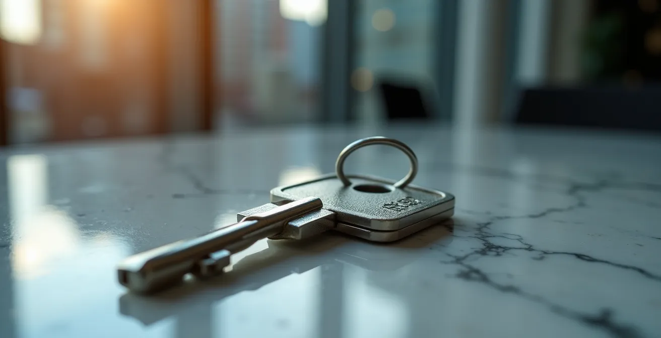 Extreme close-up of physical security key showing texture and craftsmanship