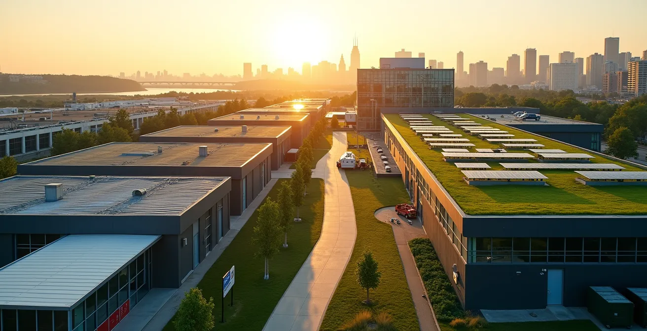 Aerial view of modern Montreal office complex with visible waste management infrastructure